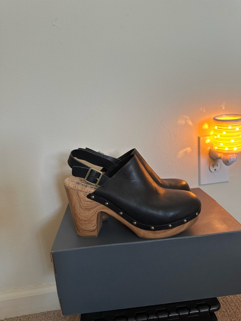 Kork-Ease Black Leather Slingback Clogs with Wood-Effect Platform